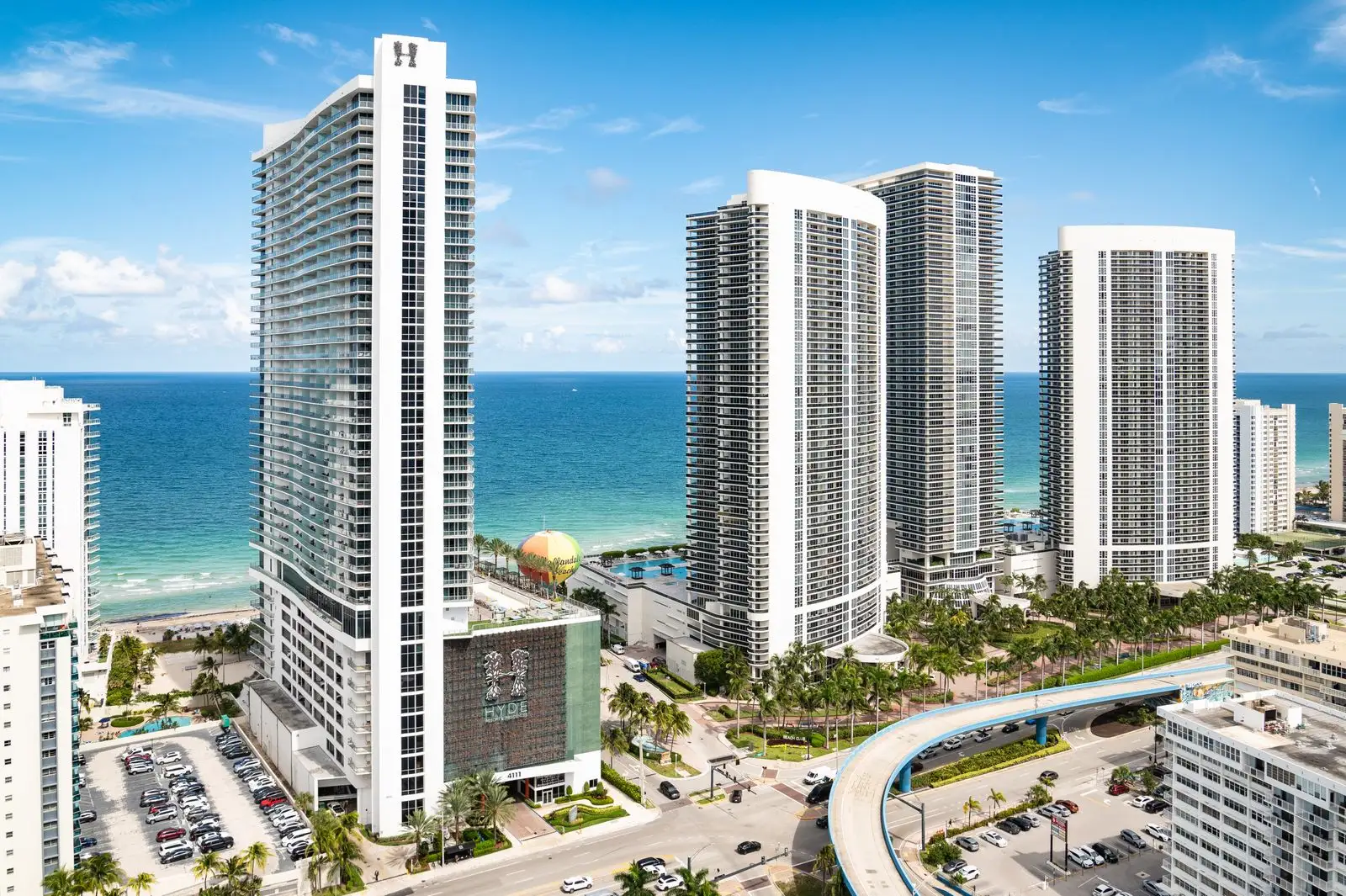 Beachfront condo towers on Hollywood Beach, Florida, beside the Atlantic